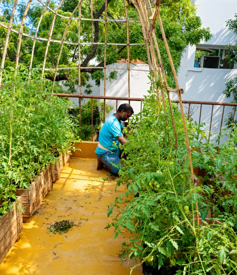 Professional landscaper at work in Chennai garden